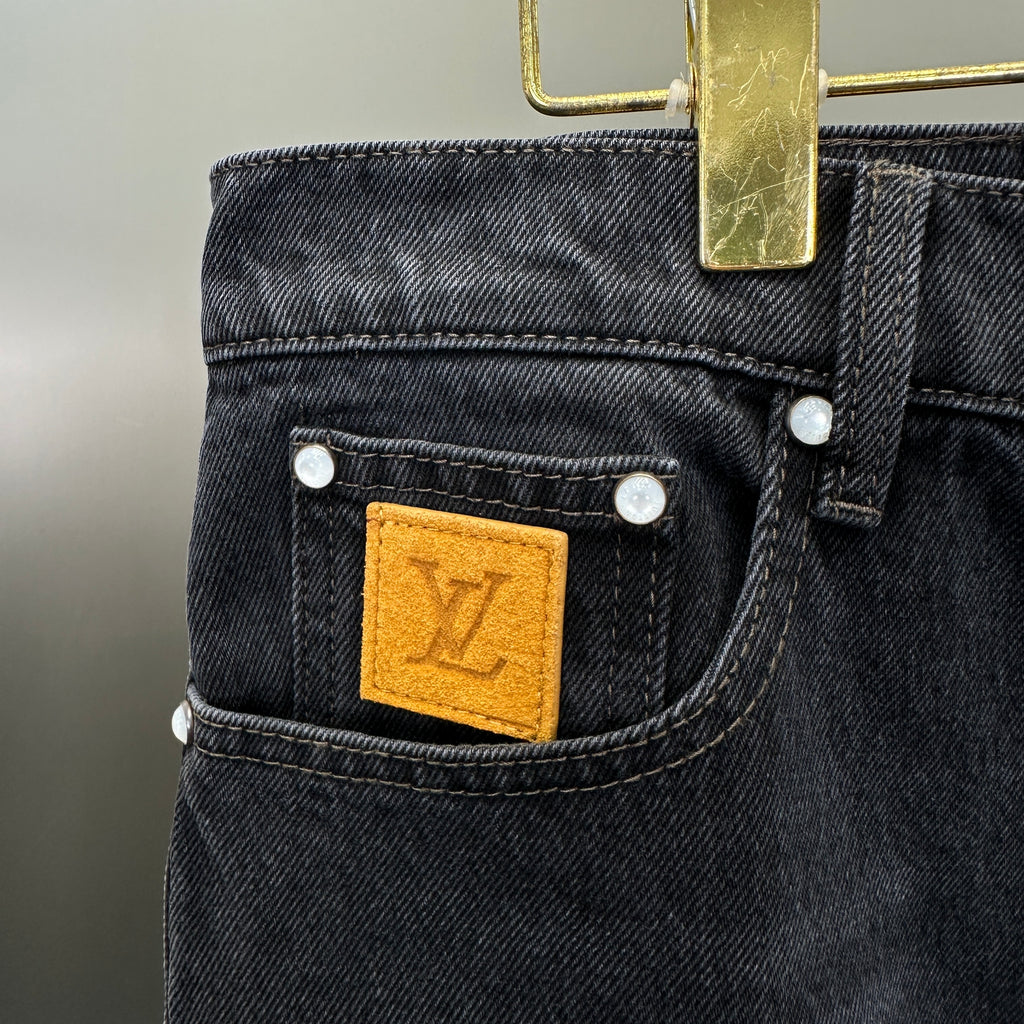 Louis Vuitton Faded Black Straight Denim Trousers with Heritage Leather Accent