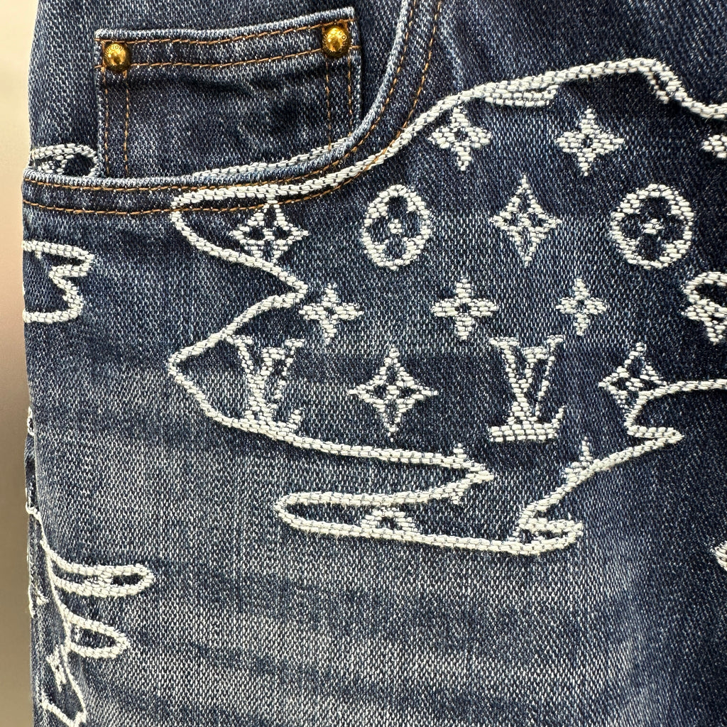 Louis Vuitton White Embroidered Cloud Motif Denim Trousers – Dark Blue