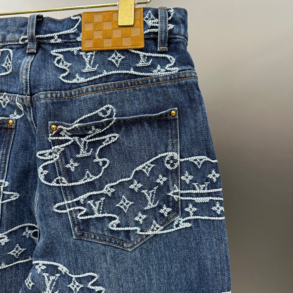 Louis Vuitton White Embroidered Cloud Motif Denim Trousers – Dark Blue