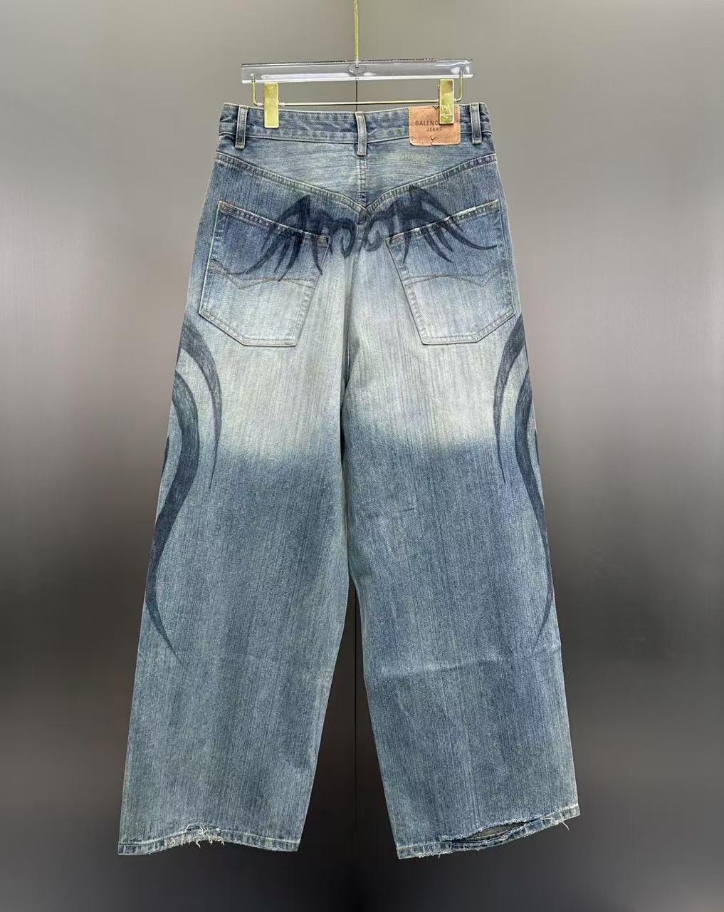 Balenciaga Faded Blue Flame Tribal Wide-Leg Denim