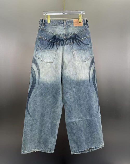 Balenciaga Faded Blue Flame Tribal Wide-Leg Denim