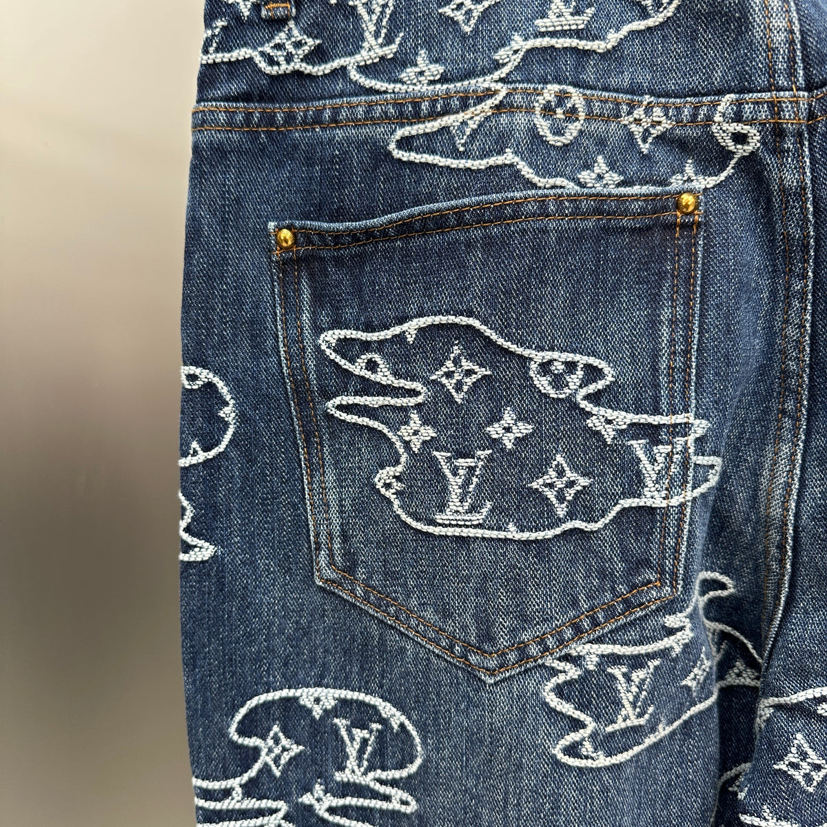 Louis Vuitton White Embroidered Cloud Motif Denim Trousers – Dark Blue