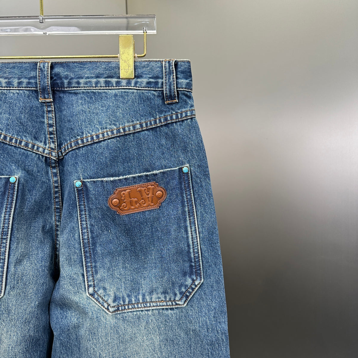 Louis Vuitton Western Turquoise Accent Distressed Utility Denim Trousers