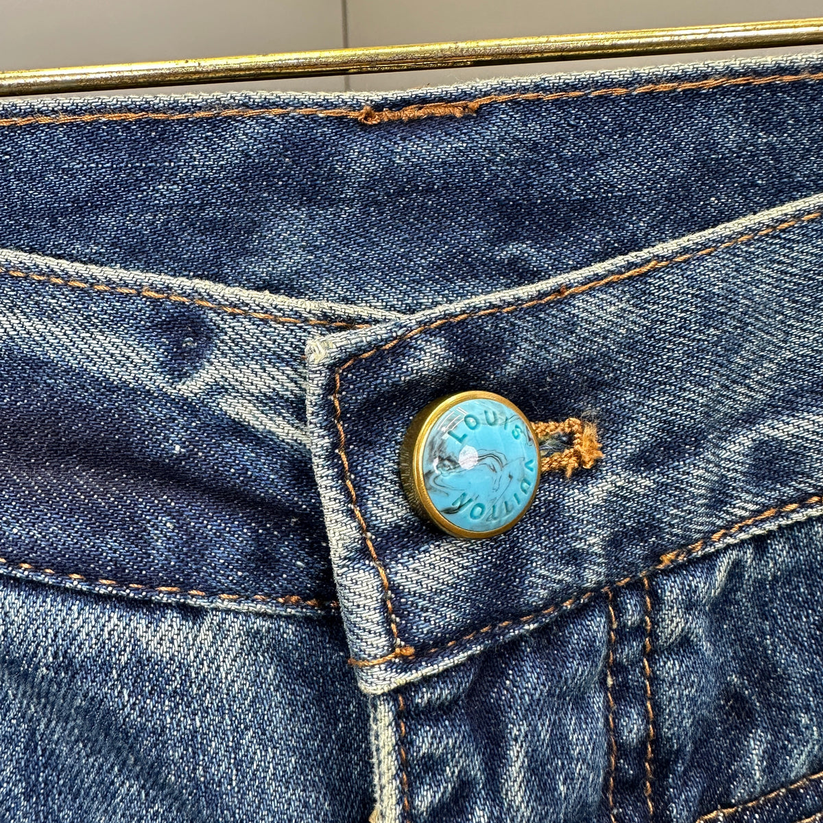 Louis Vuitton Western Turquoise Accent Distressed Utility Denim Trousers