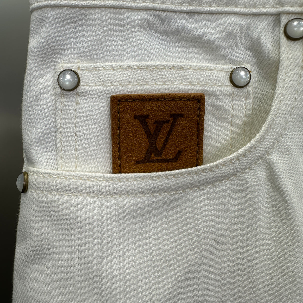 Louis Vuitton Classic Fit White Denim Pants with Tan Logo Patch