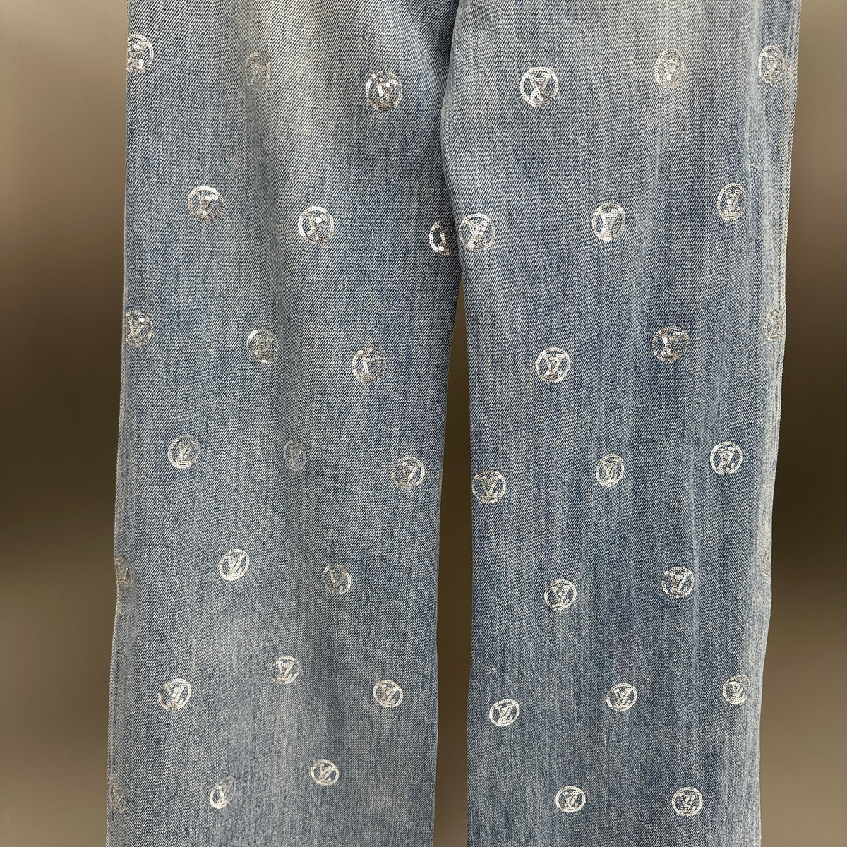 Louis Vuitton Silver LV Monogram Polka Motif Wide-Leg Denim Trousers