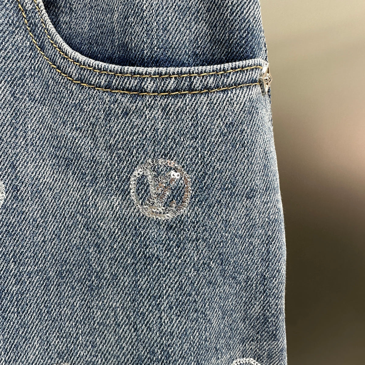 Louis Vuitton Silver LV Monogram Polka Motif Wide-Leg Denim Trousers