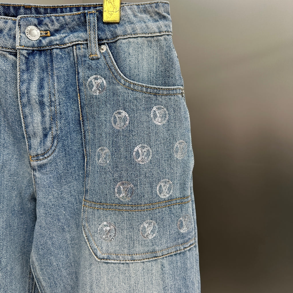 Louis Vuitton Silver LV Monogram Pocket Wide-Leg Denim Trousers