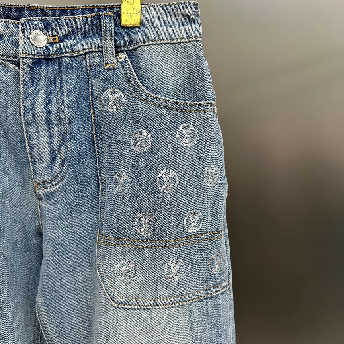 Louis Vuitton Silver LV Monogram Pocket Wide-Leg Denim Trousers