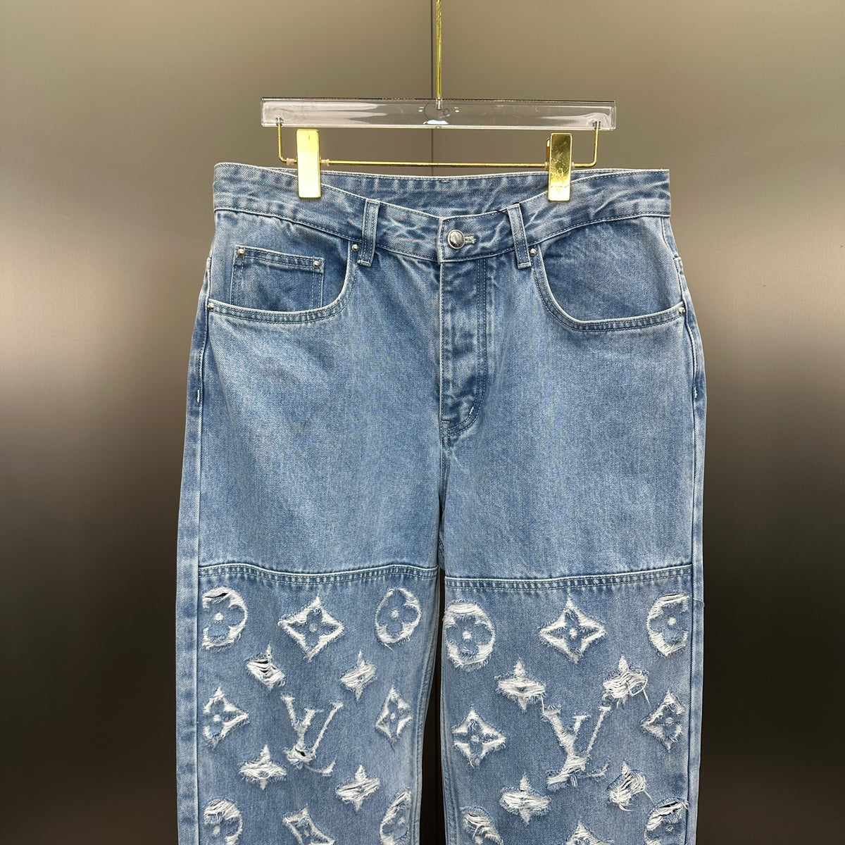 Louis Vuitton Washed Indigo Carpenter Fit Jeans with Frayed Monogram Panels