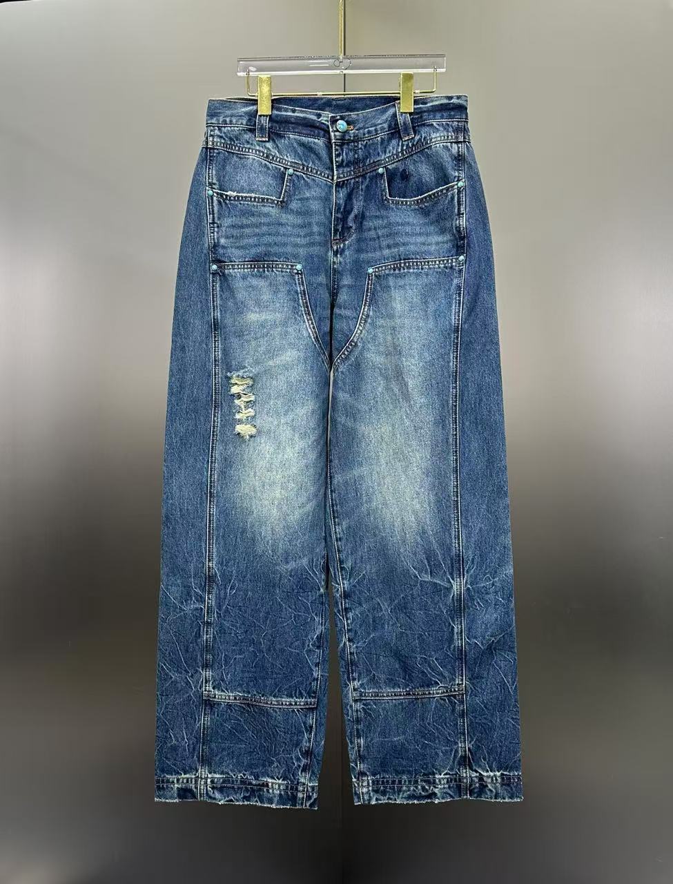 Louis Vuitton Western Turquoise Accent Distressed Utility Denim Trousers