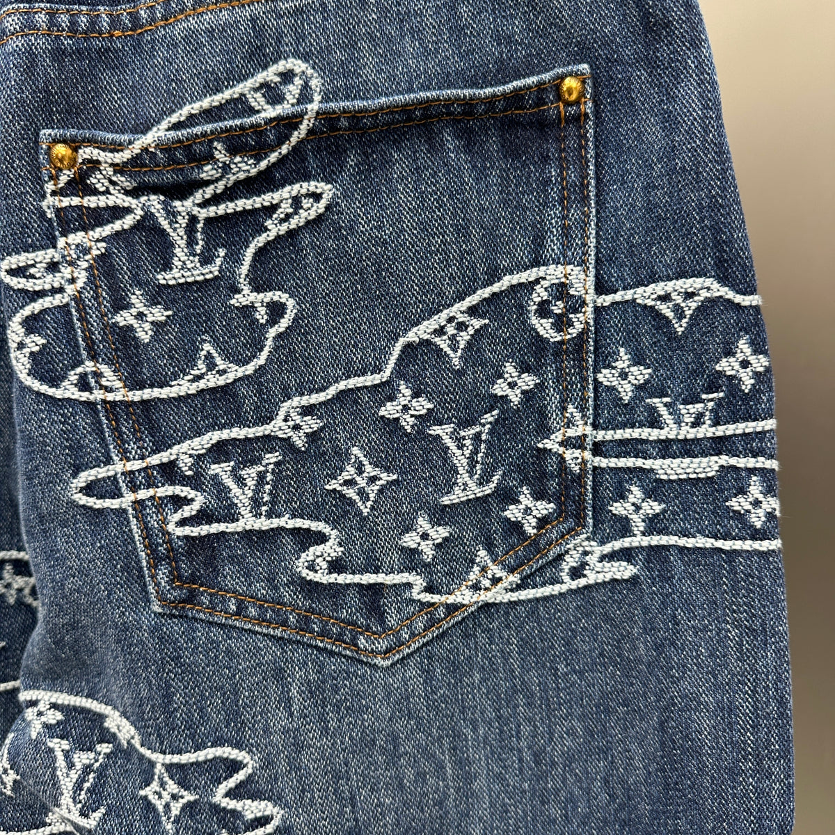 Louis Vuitton White Embroidered Cloud Motif Denim Trousers – Dark Blue