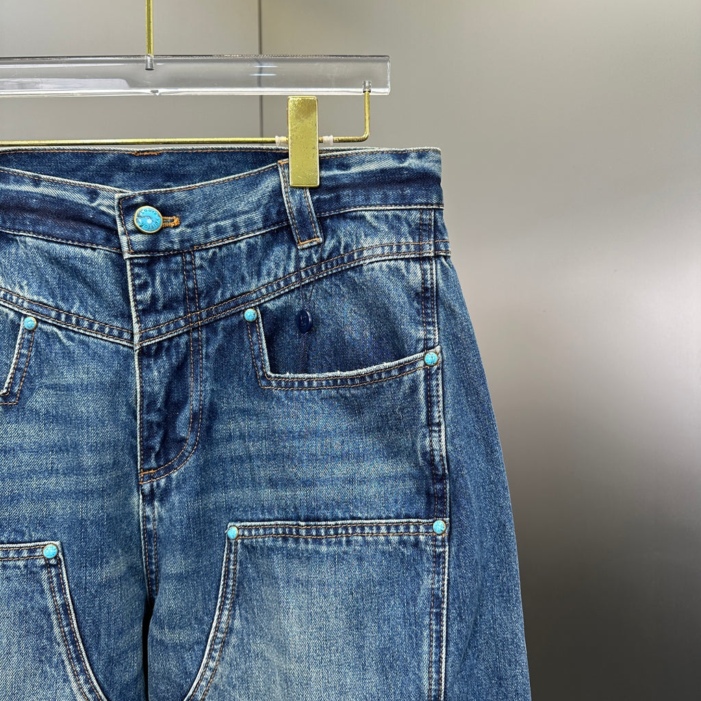 Louis Vuitton Western Turquoise Accent Distressed Utility Denim Trousers