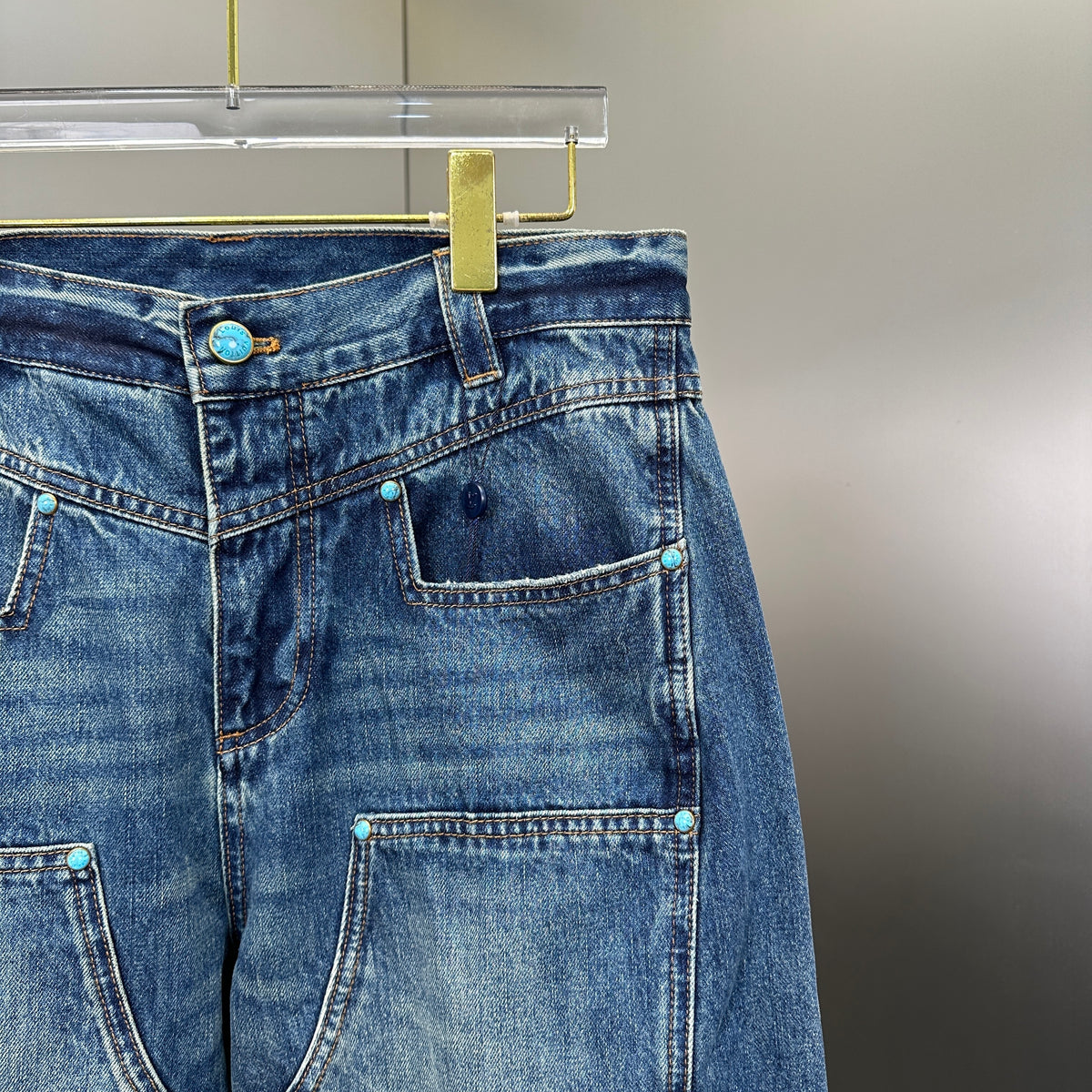 Louis Vuitton Western Turquoise Accent Distressed Utility Denim Trousers