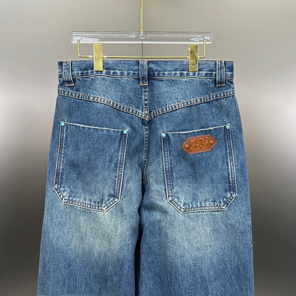 Louis Vuitton Western Turquoise Accent Distressed Utility Denim Trousers
