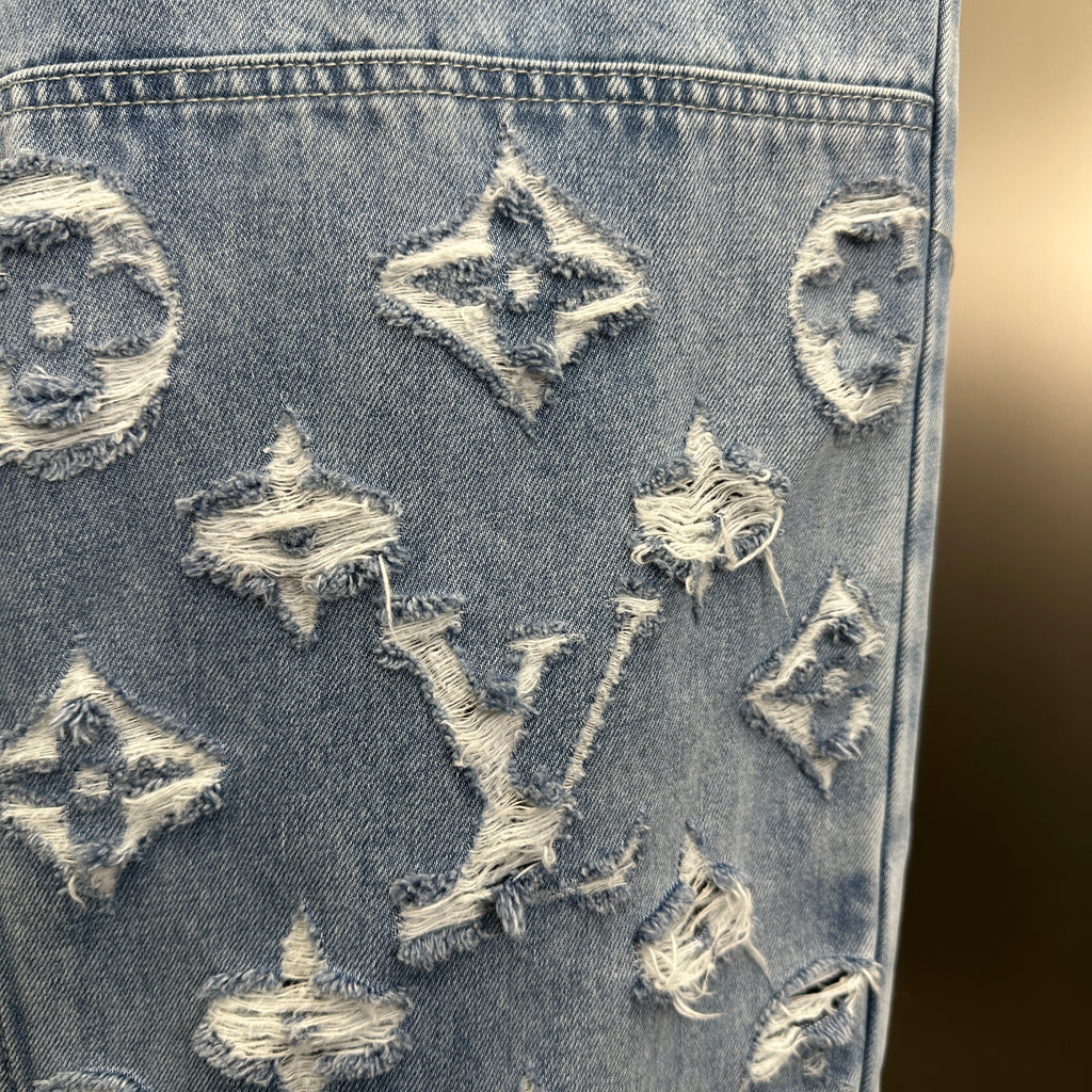 Louis Vuitton Washed Indigo Carpenter Fit Jeans with Frayed Monogram Panels