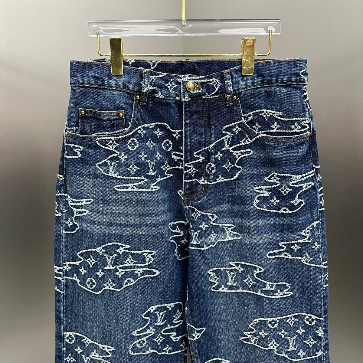 Louis Vuitton White Embroidered Cloud Motif Denim Trousers – Dark Blue