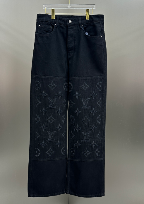 Louis Vuitton Cut-Out Monogram Jacquard Double-Knee Denim Trousers