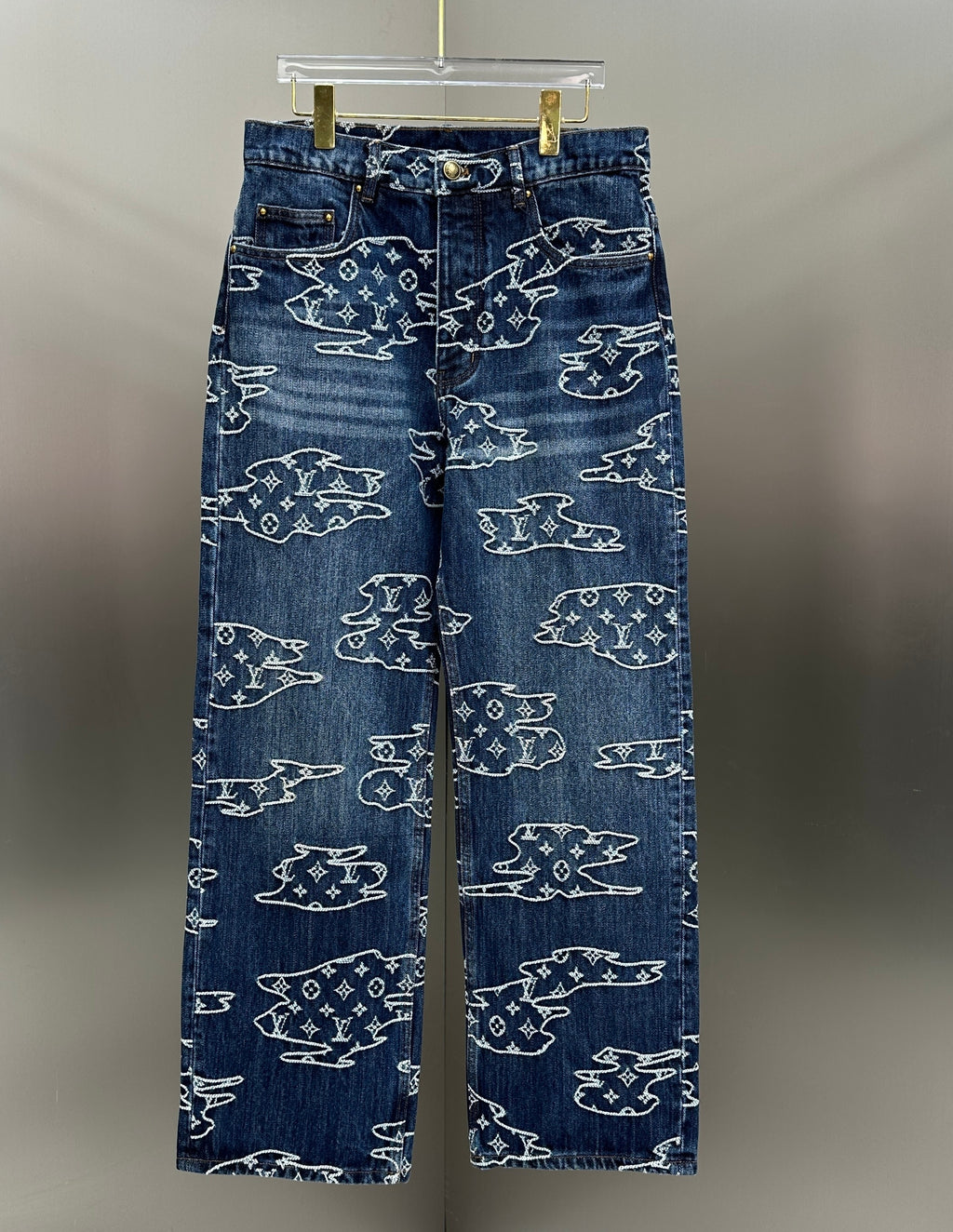 Louis Vuitton White Embroidered Cloud Motif Denim Trousers – Dark Blue