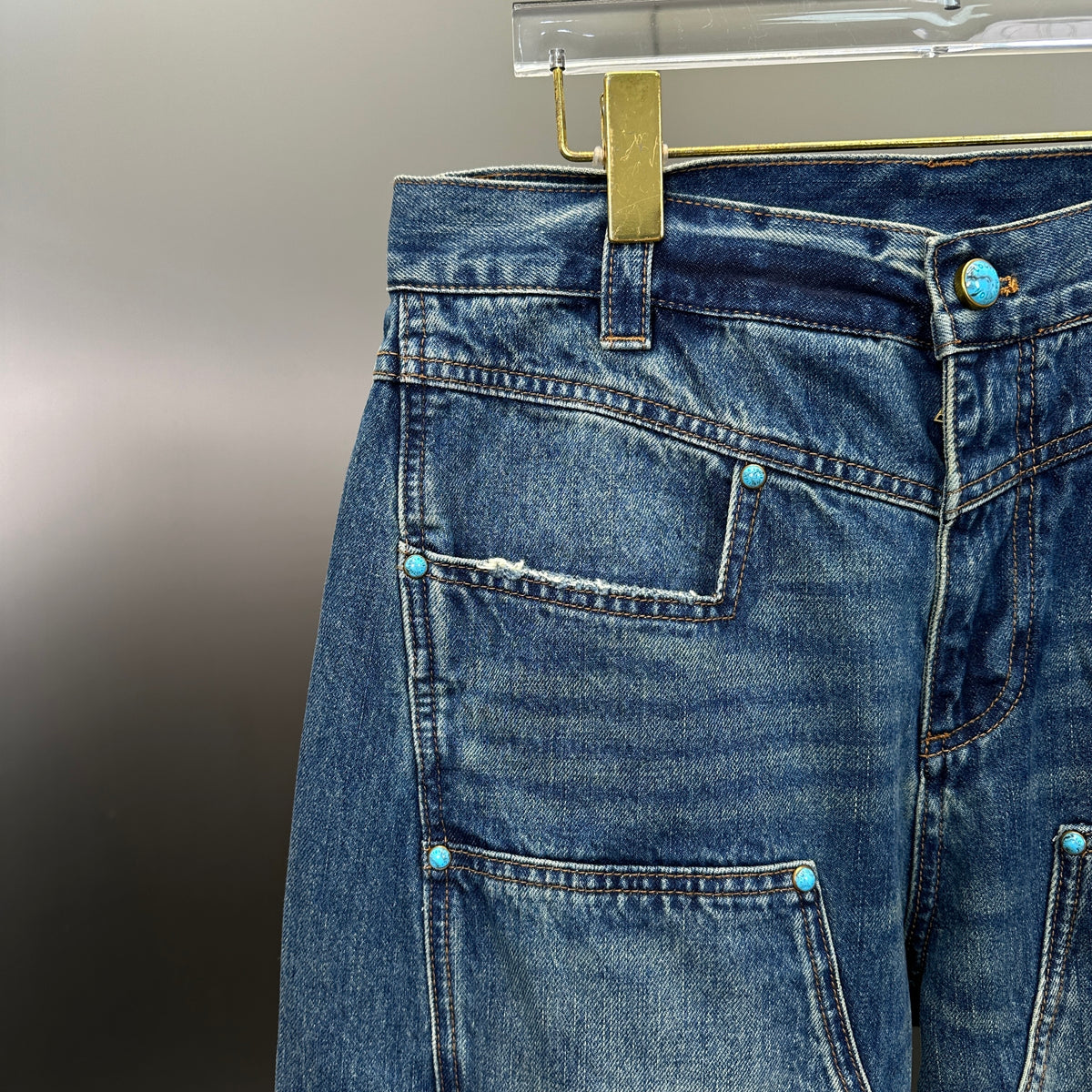 Louis Vuitton Western Turquoise Accent Distressed Utility Denim Trousers