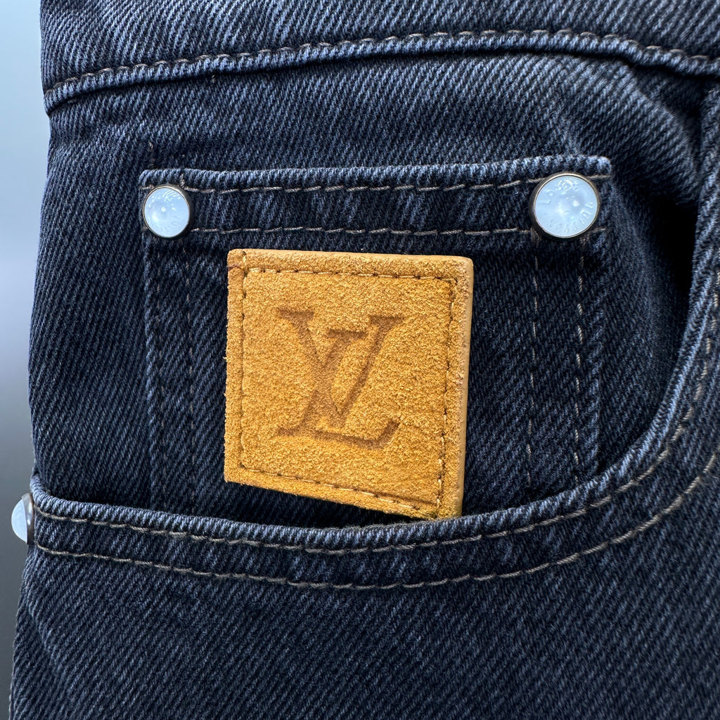 Louis Vuitton Faded Black Straight Denim Trousers with Heritage Leather Accent