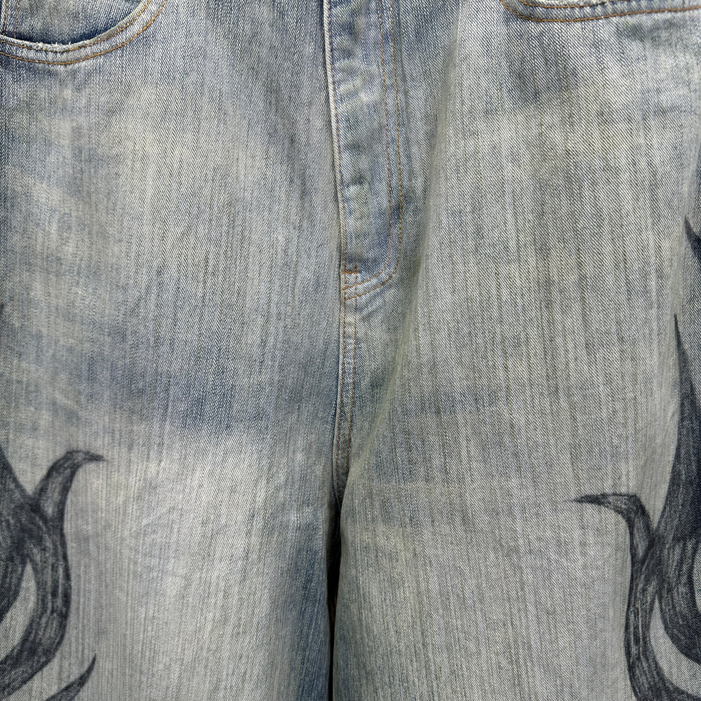 Balenciaga Faded Blue Flame Tribal Wide-Leg Denim