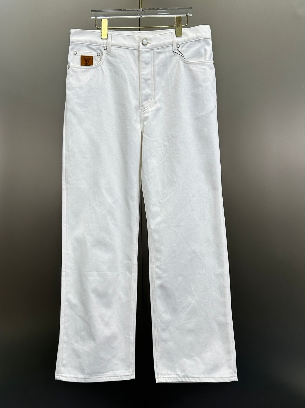 Louis Vuitton Classic Fit White Denim Pants with Tan Logo Patch