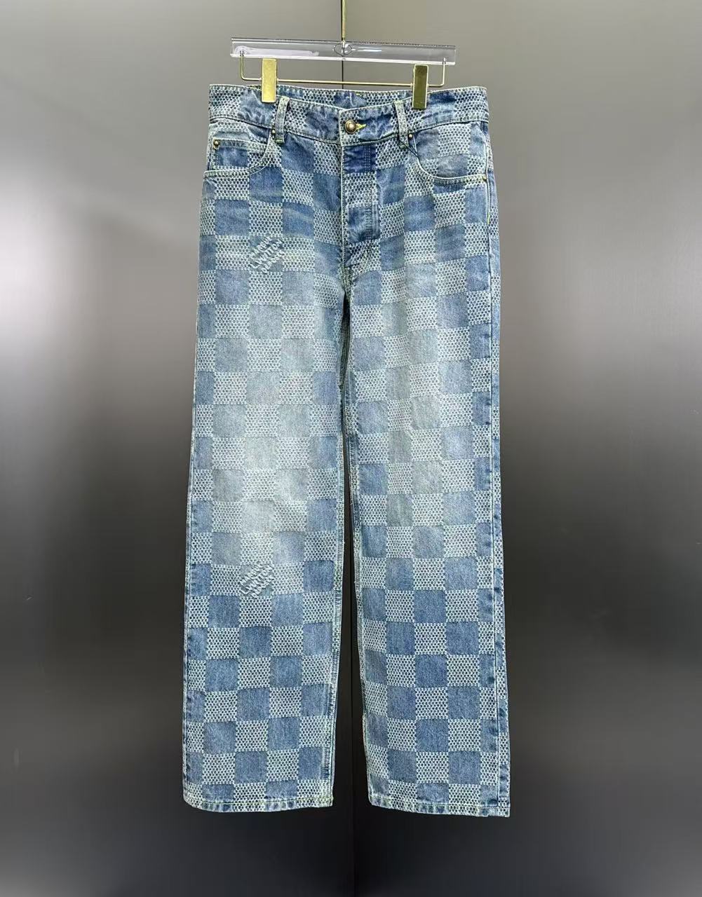 Louis Vuitton Bleached Damier Pattern Denim Trousers with Heritage Inscription