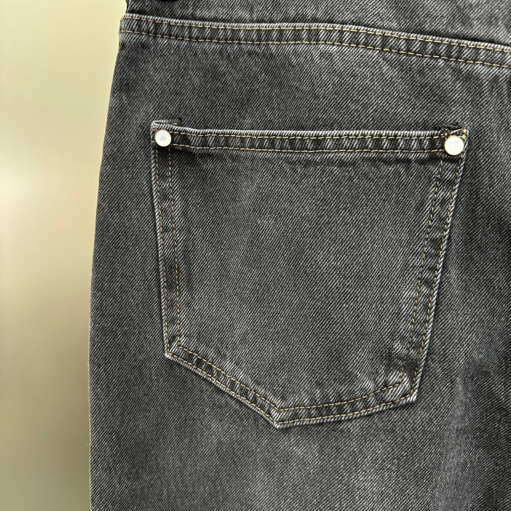 Louis Vuitton Faded Black Straight Denim Trousers with Heritage Leather Accent