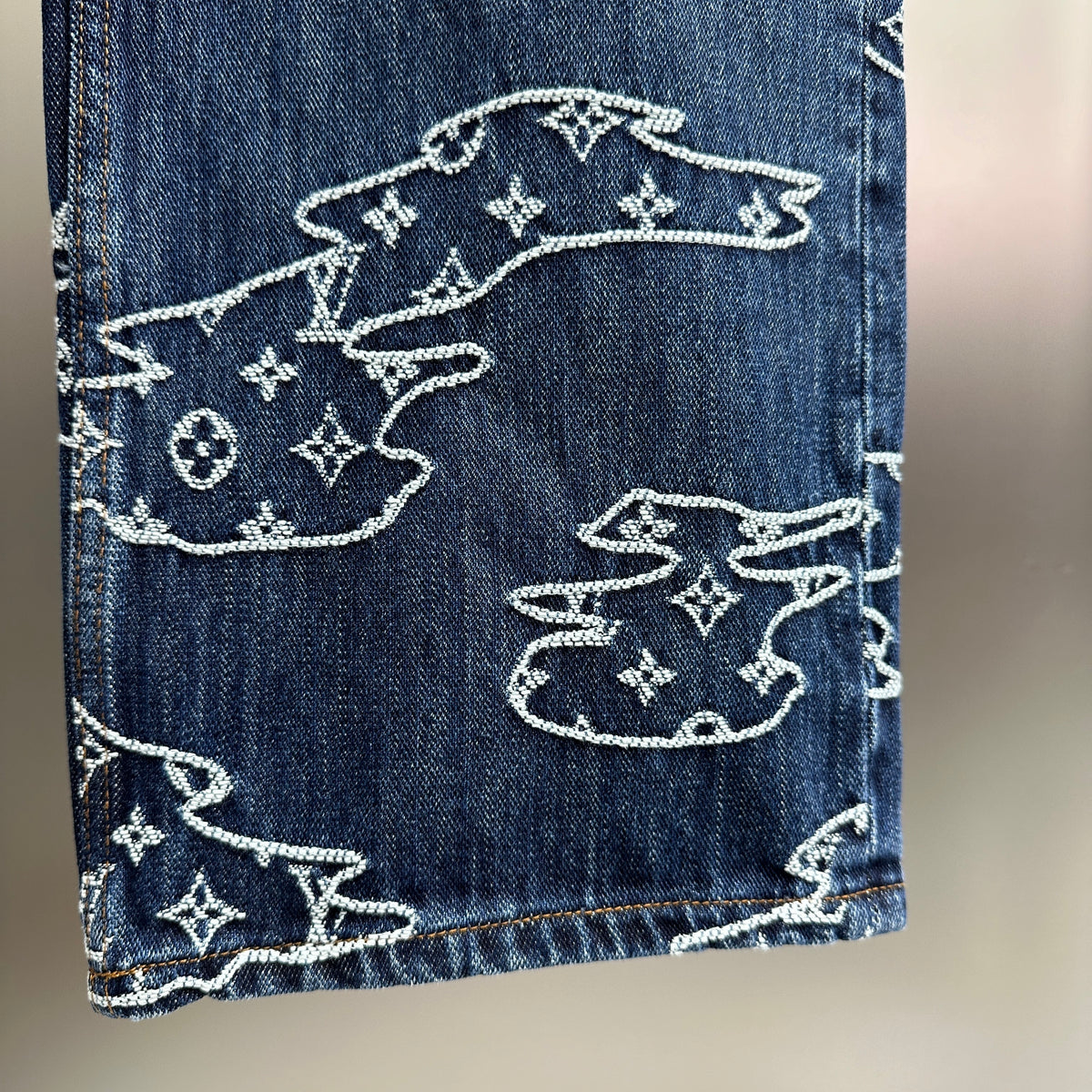 Louis Vuitton White Embroidered Cloud Motif Denim Trousers – Dark Blue
