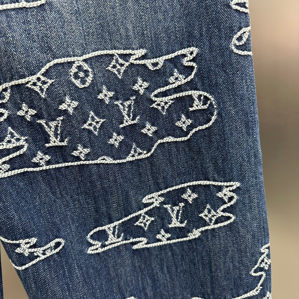 Louis Vuitton White Embroidered Cloud Motif Denim Trousers – Dark Blue