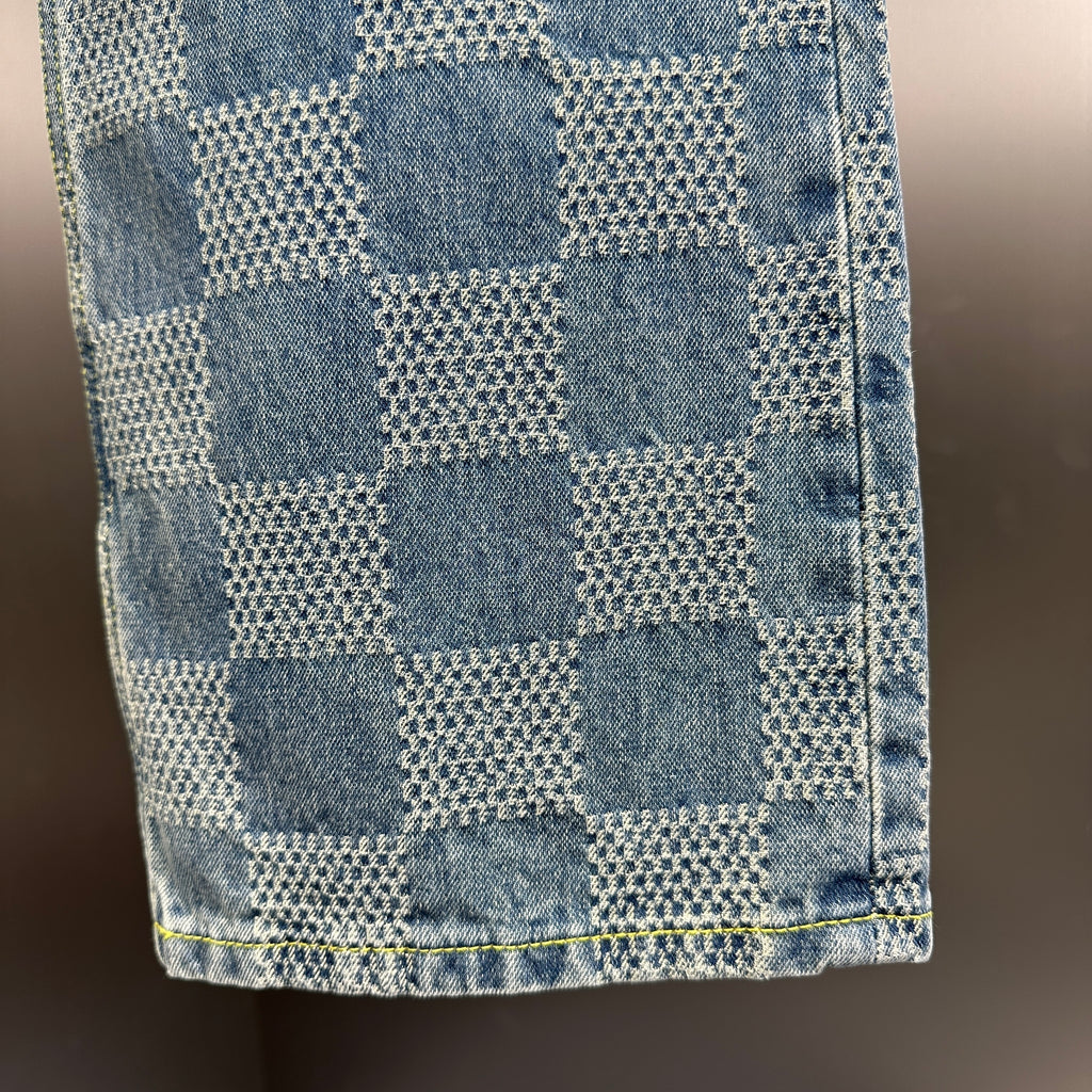 Louis Vuitton Bleached Damier Pattern Denim Trousers with Heritage Inscription