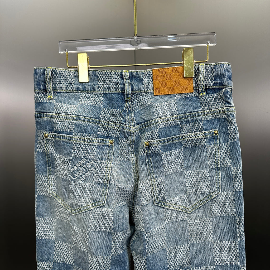 Louis Vuitton Bleached Damier Pattern Denim Trousers with Heritage Inscription