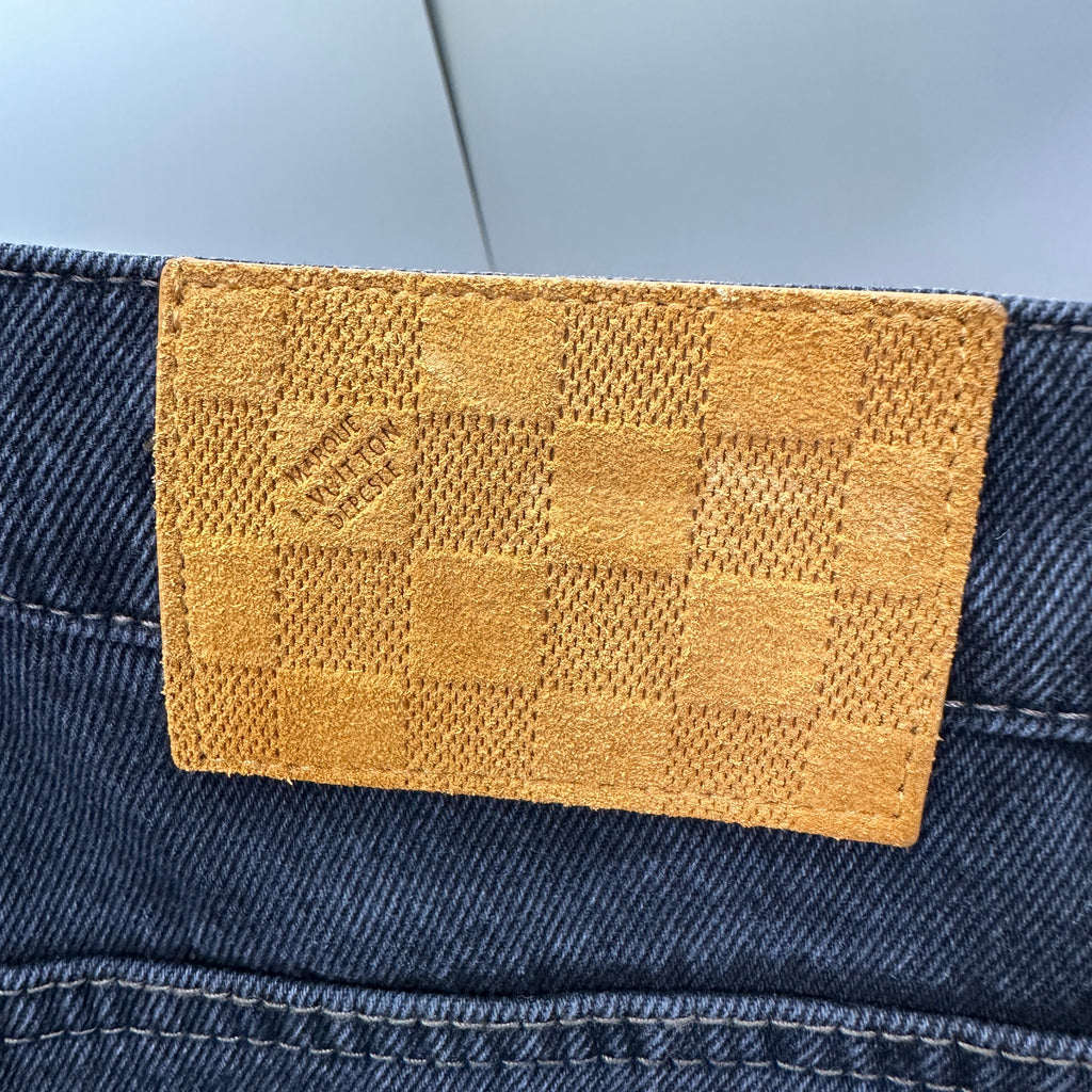 Louis Vuitton Faded Black Straight Denim Trousers with Heritage Leather Accent