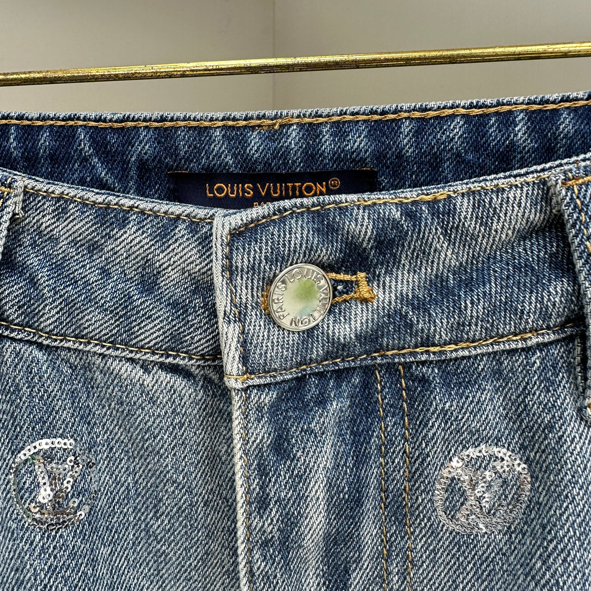 Louis Vuitton Silver LV Monogram Polka Motif Wide-Leg Denim Trousers