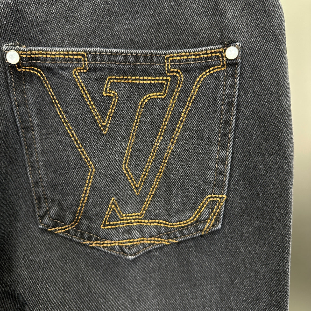 Louis Vuitton Faded Black Straight Denim Trousers with Heritage Leather Accent