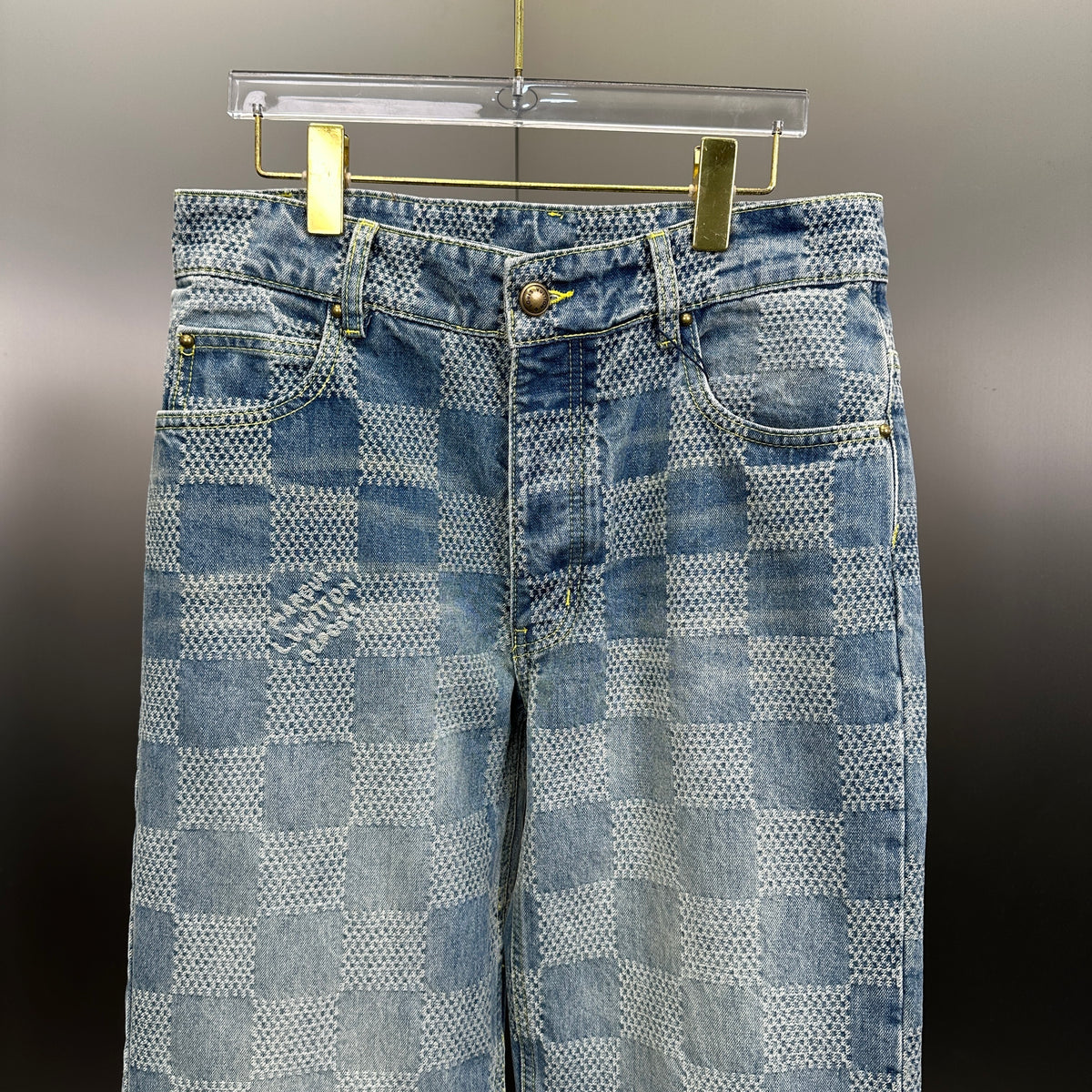Louis Vuitton Bleached Damier Pattern Denim Trousers with Heritage Inscription