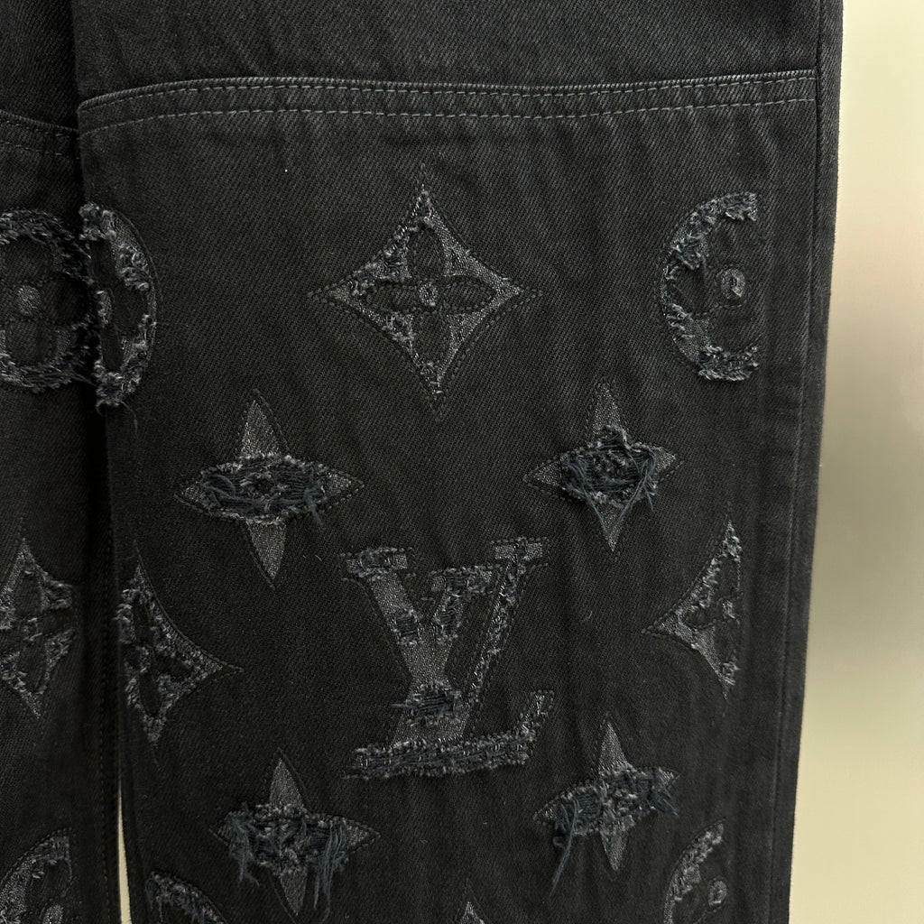 Louis Vuitton Cut-Out Monogram Jacquard Double-Knee Denim Trousers