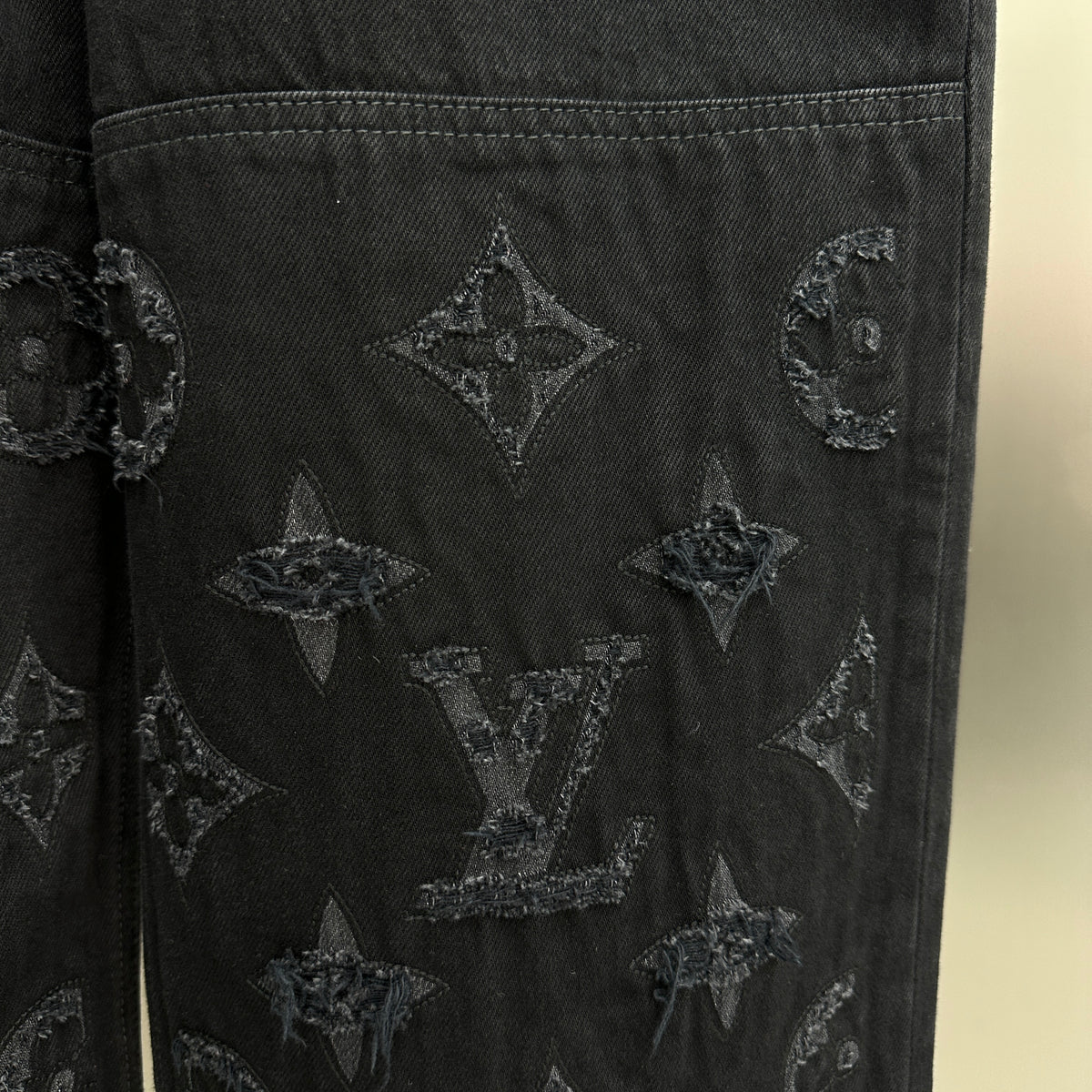 Louis Vuitton Cut-Out Monogram Jacquard Double-Knee Denim Trousers