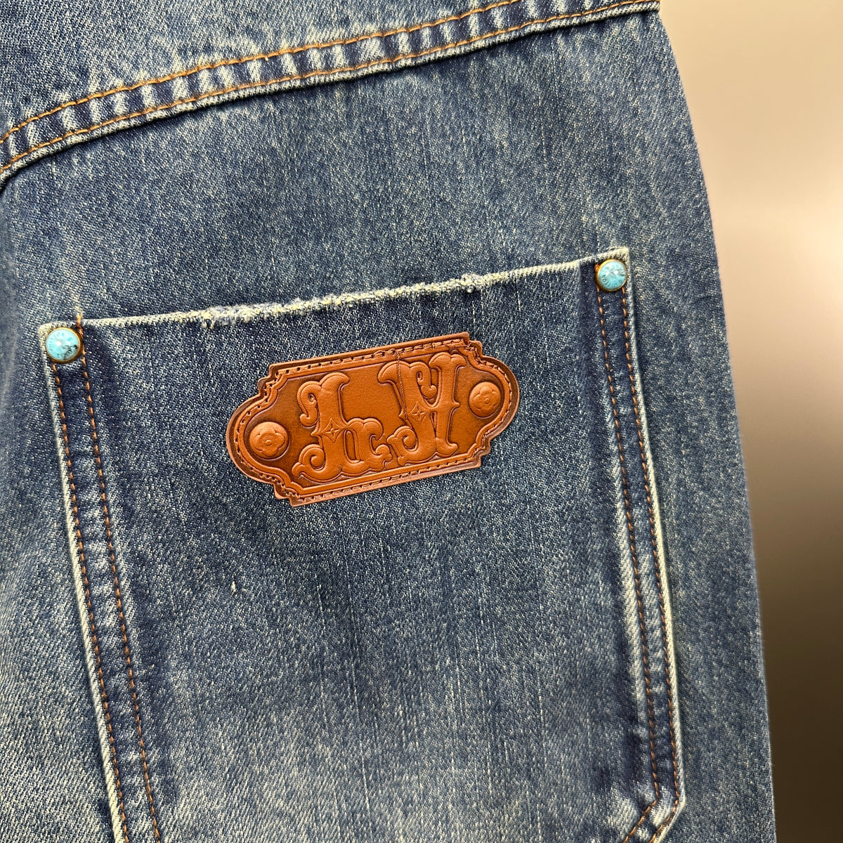 Louis Vuitton Western Turquoise Accent Distressed Utility Denim Trousers