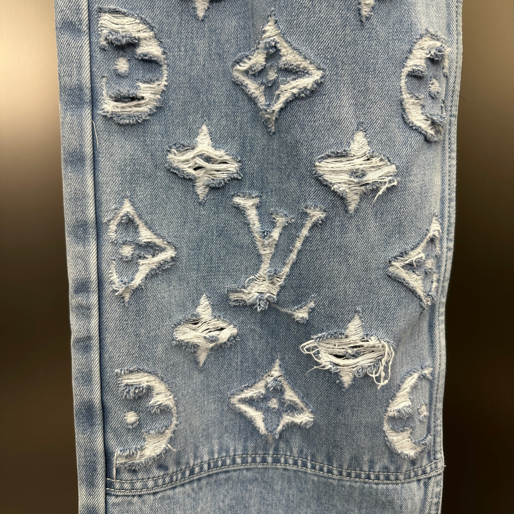 Louis Vuitton Washed Indigo Carpenter Fit Jeans with Frayed Monogram Panels