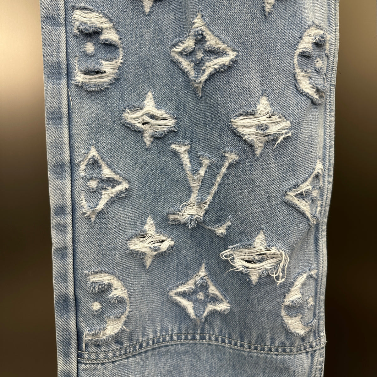Louis Vuitton Washed Indigo Carpenter Fit Jeans with Frayed Monogram Panels