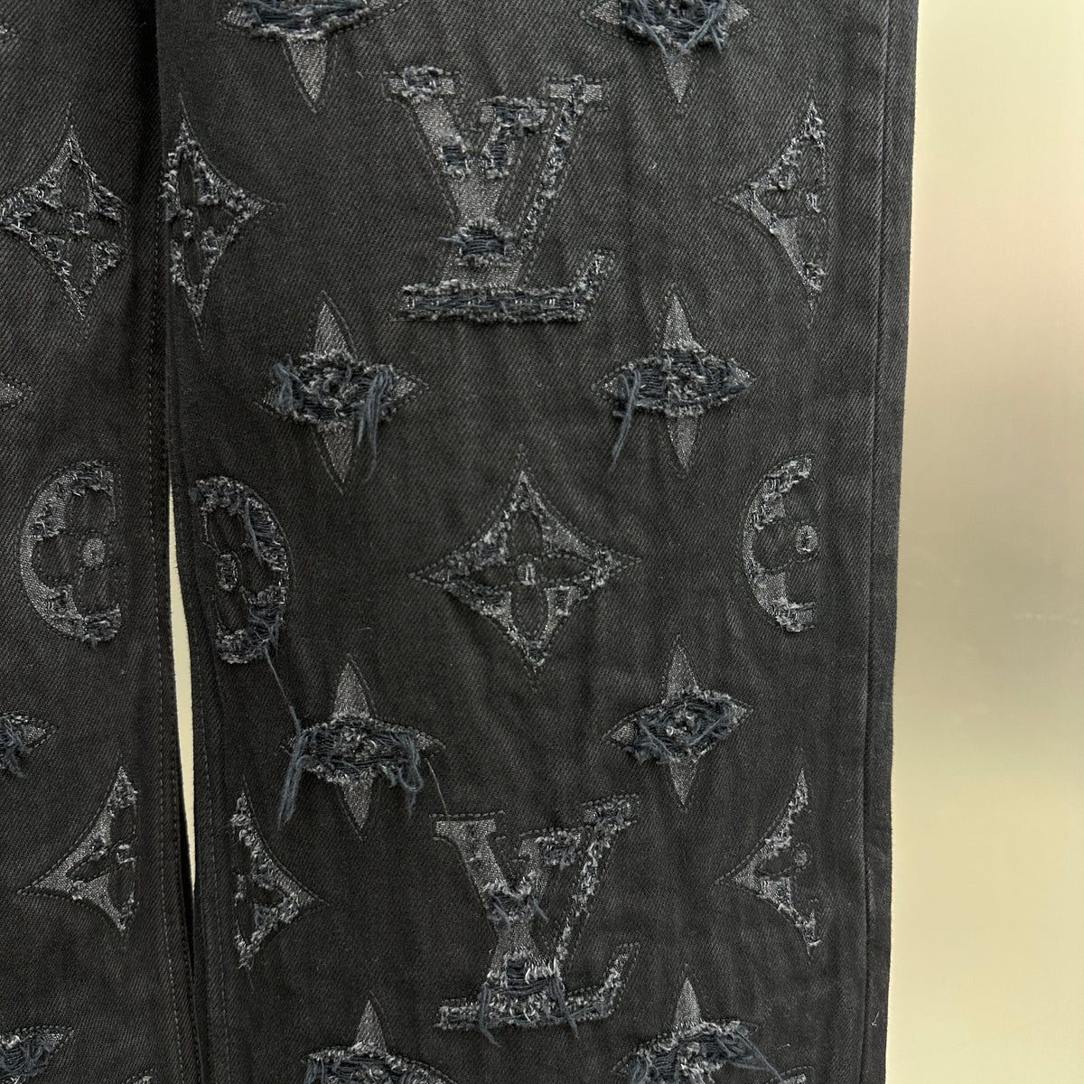 Louis Vuitton Cut-Out Monogram Jacquard Double-Knee Denim Trousers